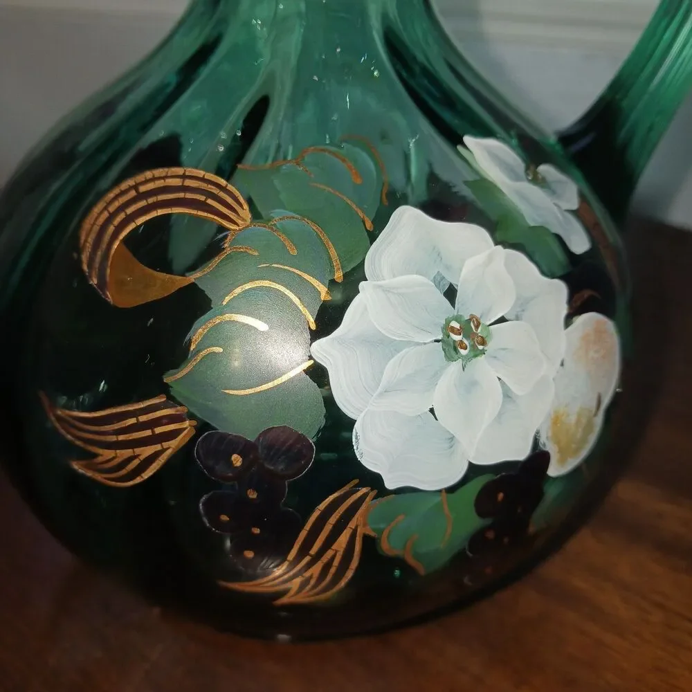 Fenton Seafoam Green Pitcher Floral Art Glass 7